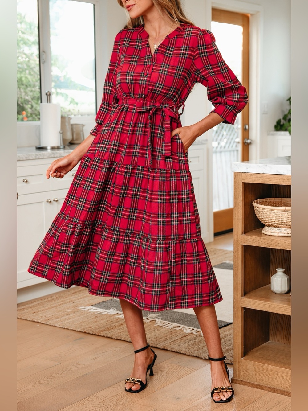 Christmas Plaid V Neck 3/4 Sleeve Tie Waist Ruffle Hem Midi Dress